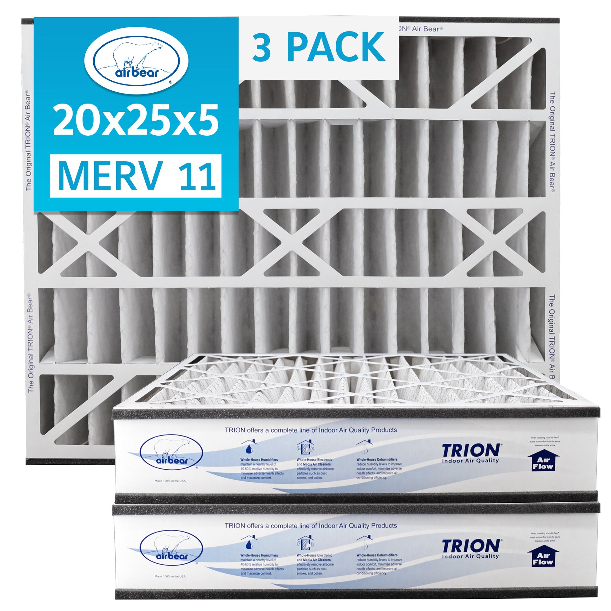 20x25x5 Air Filter MERV 11 3pack Air Bear