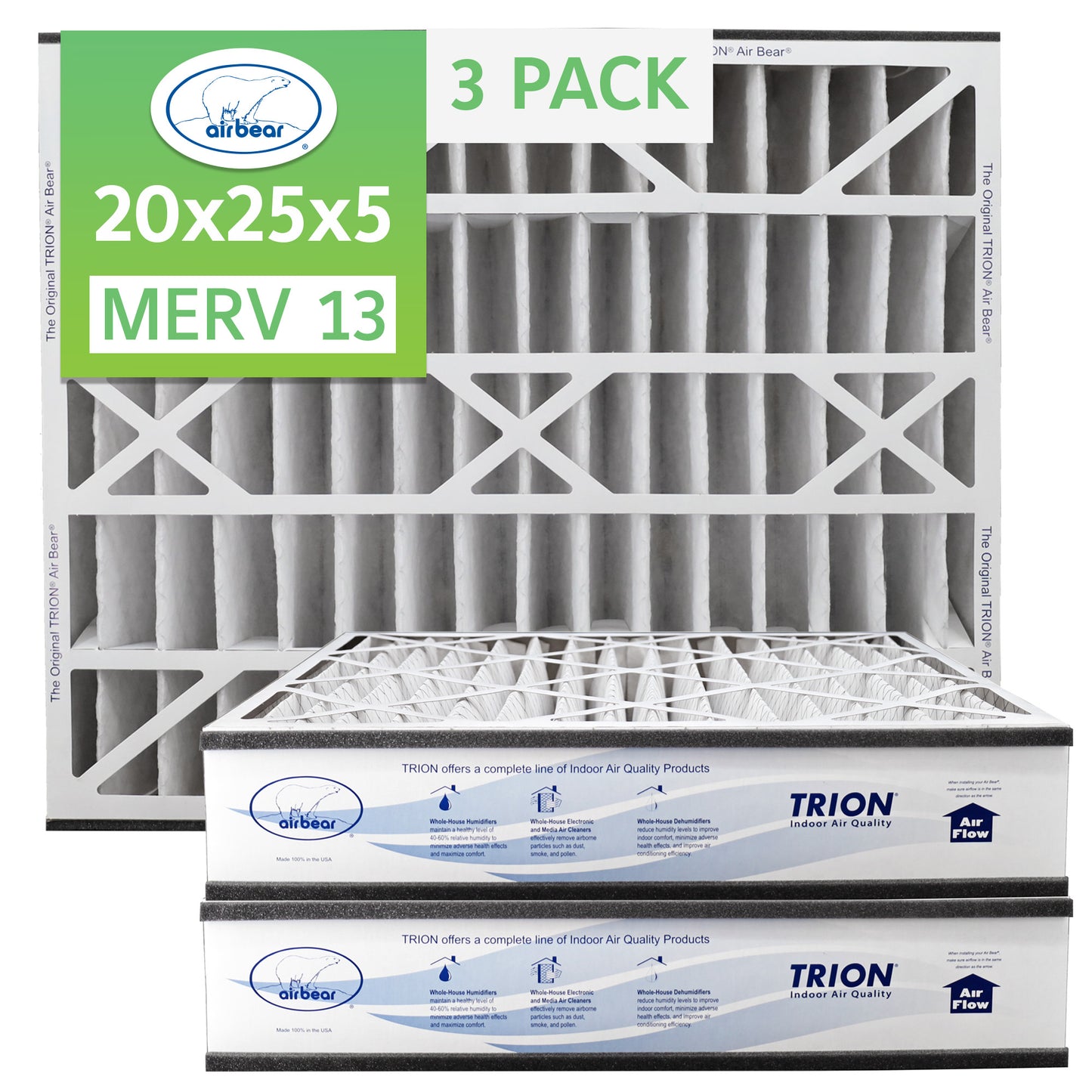 20x25x5 Air Filter MERV 13 3pack Air Bear