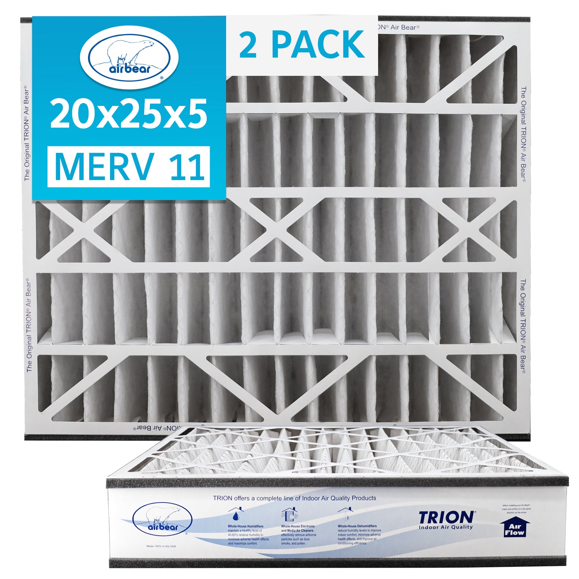 20x25x5 Air Filter TRION Air Bear 2 pack MERV 11