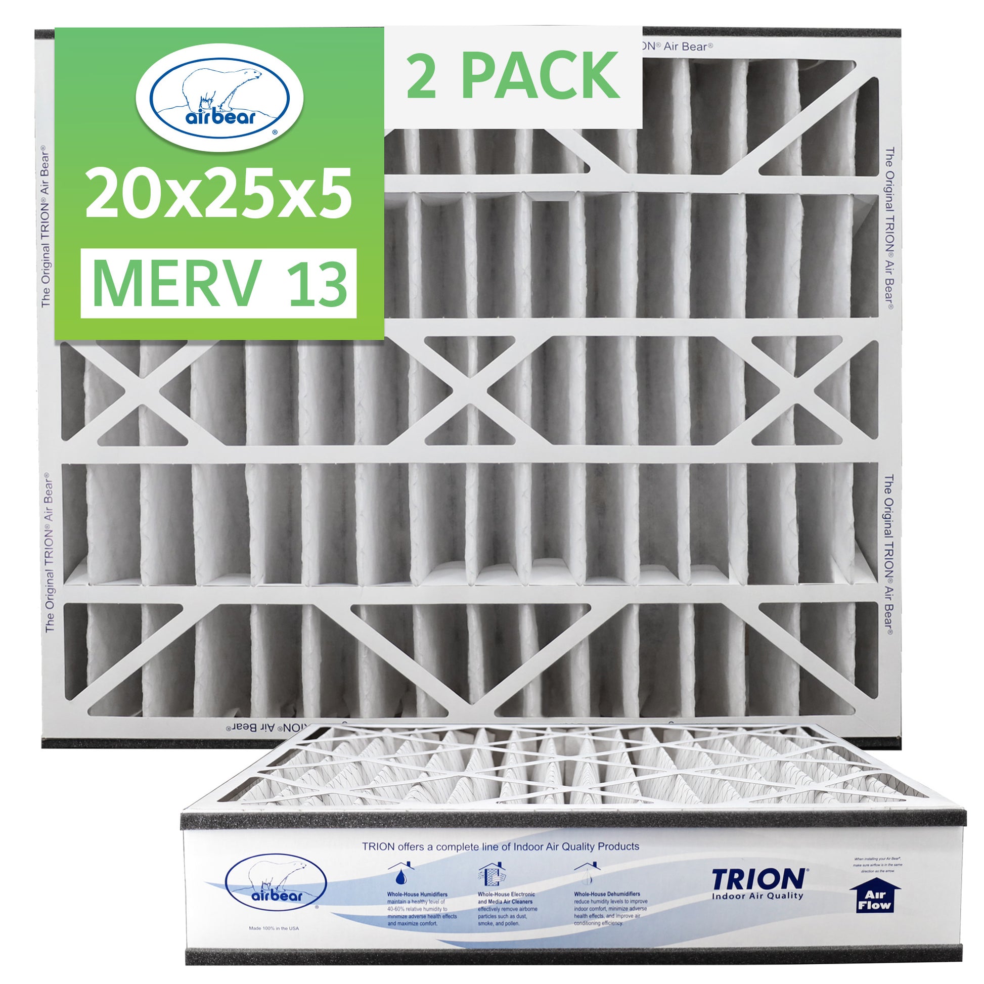 20x25x5 Air Filter TRION Air Bear 2 pack MERV 13